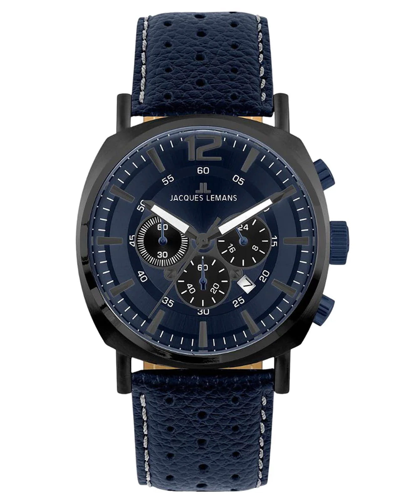 Jacques Lemans Jacques Lemans Lugano 1-1645R  1-1645R кварцевые мужские часы синий циферблат, браслет кожаный — вид спереди