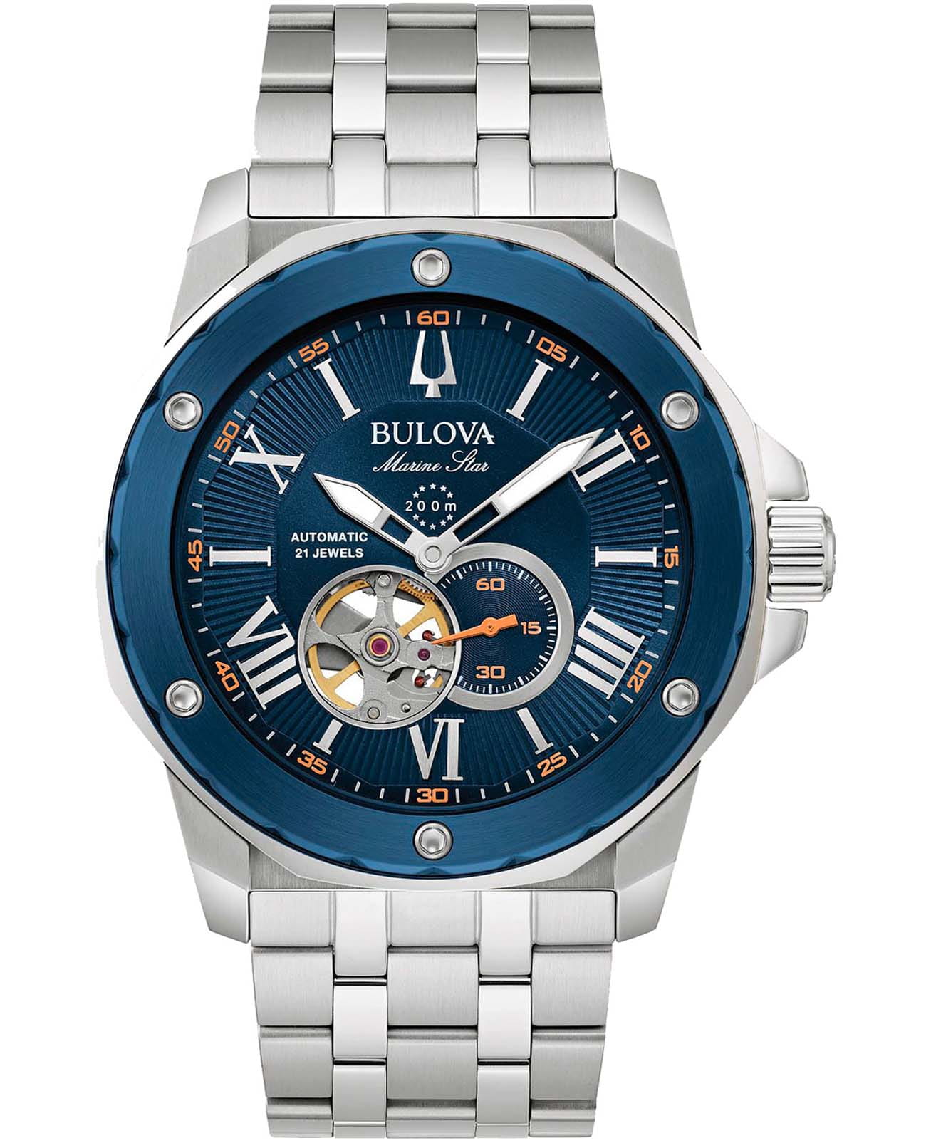 Bulova Bulova Marine Star 98A302  98A302 механические мужские часы синий циферблат, браслет нержавеющая сталь — вид спереди