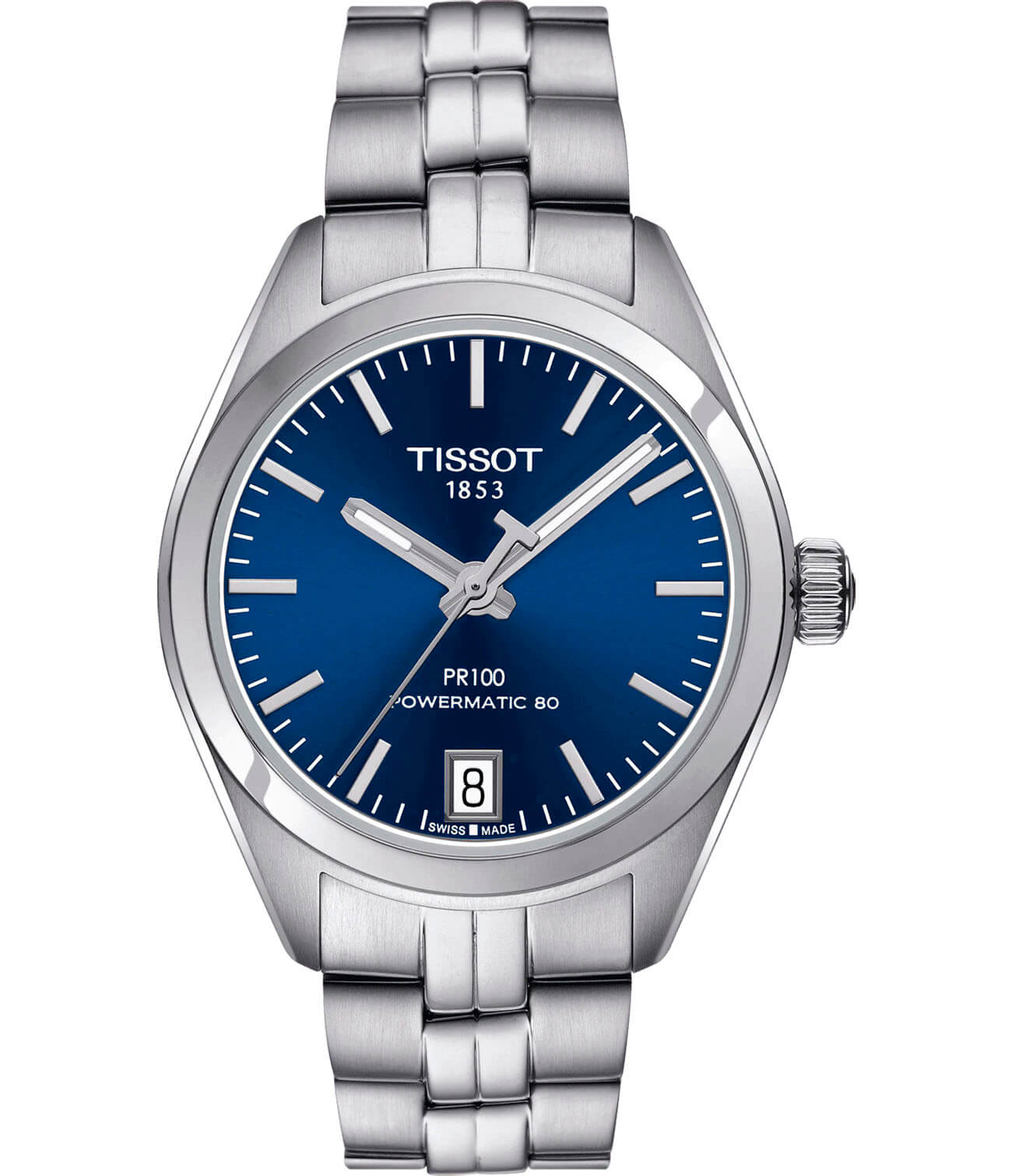 Tissot Tissot PR 100 Powermatic 80 Lady T101.207.11.041.00 PR 100 T1012071104100 механические женские часы синий циферблат, браслет нержавеющая сталь — вид спереди