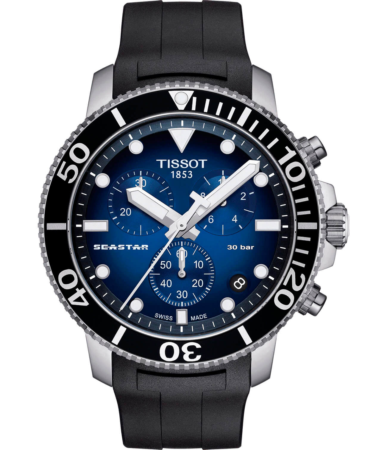 Tissot Tissot Seastar 1000 Chronograph T120.417.17.041.00 Seastar 1000 T1204171704100 кварцевые мужские часы синий циферблат, браслет каучук — вид спереди