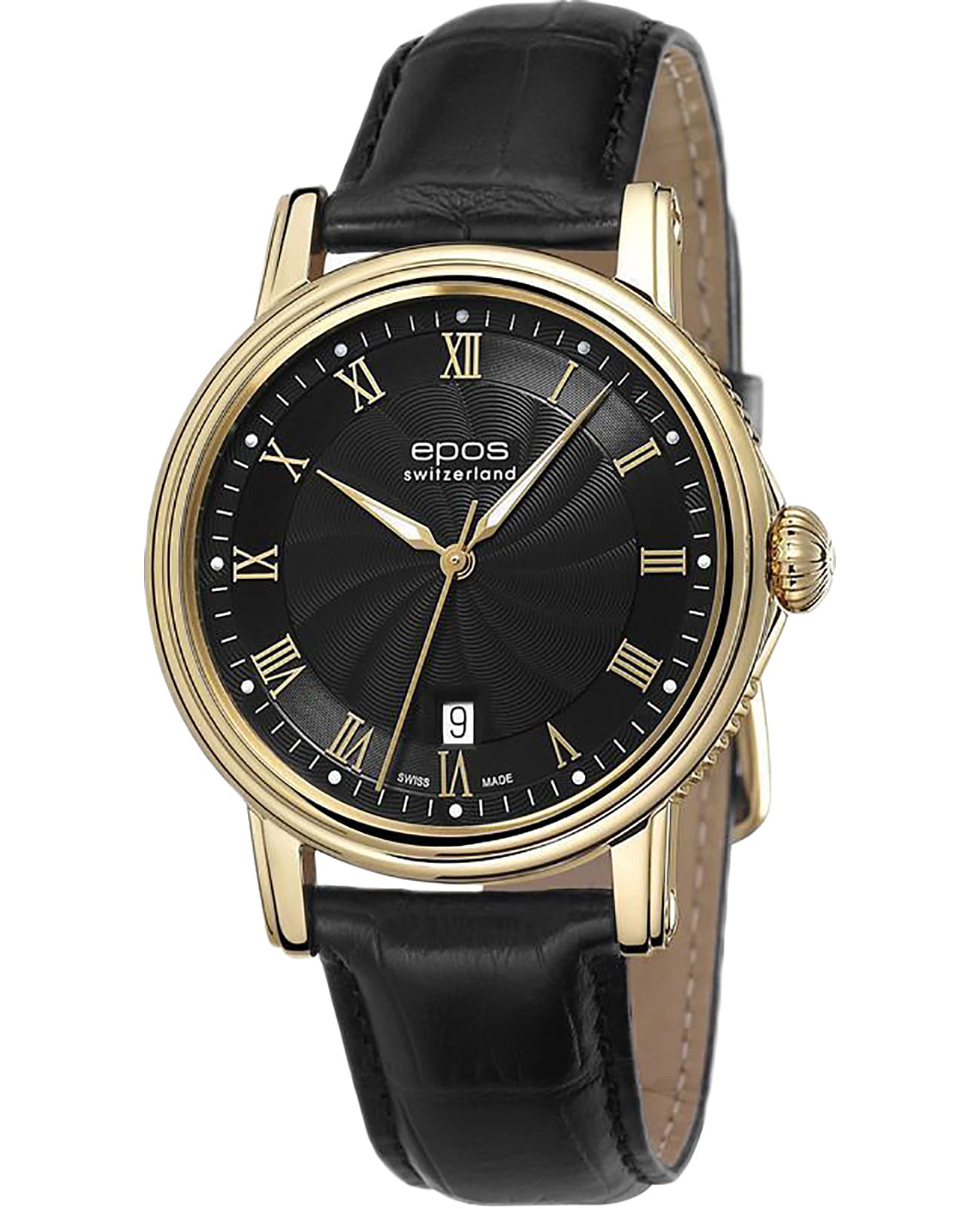 Epos Epos Emotion 3390.152.22.25.25  3390.152.22.25.25 механические мужские часы черный циферблат, браслет кожаный — вид спереди