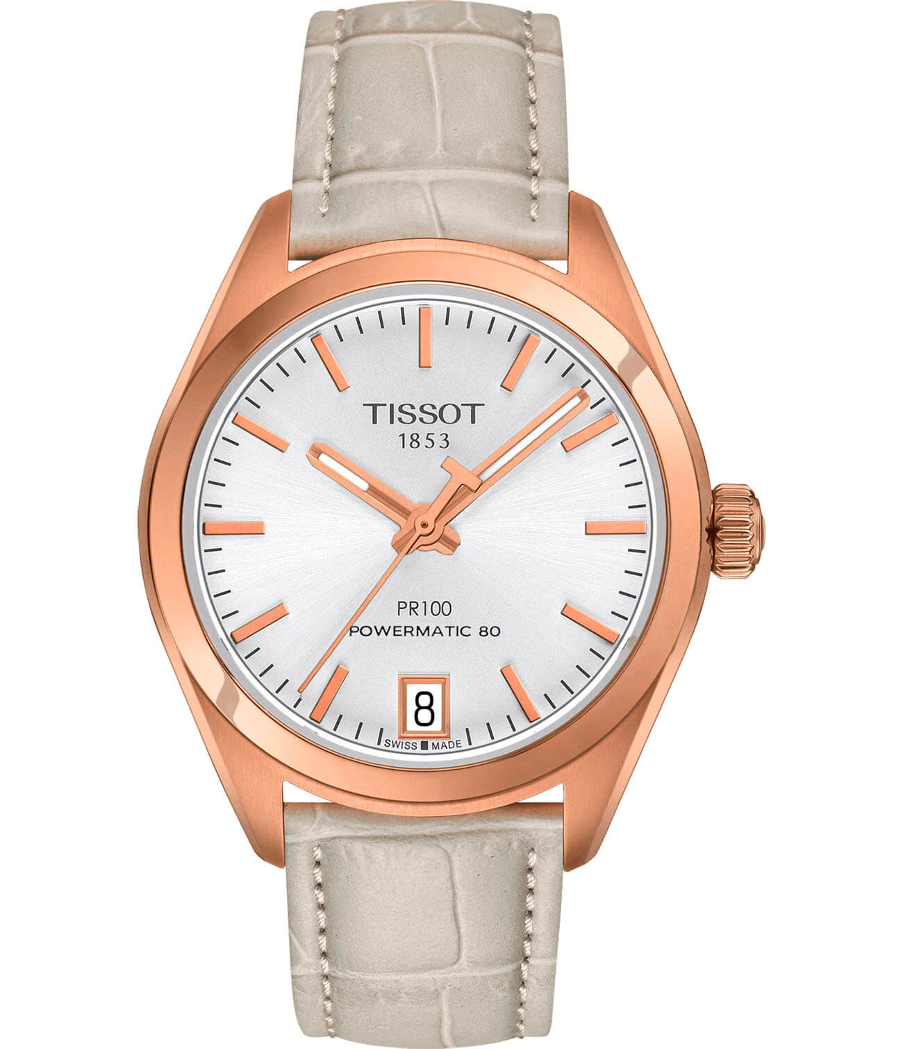 Tissot Tissot PR 100 Powermatic 80 Lady T101.207.36.031.00 PR 100 T1012073603100 механические женские часы белый циферблат, браслет кожаный — вид спереди