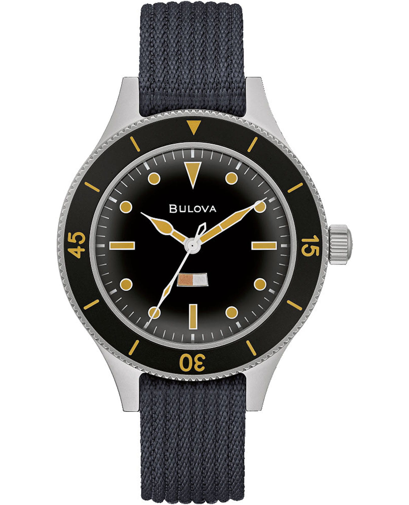 Bulova Bulova Mil-Ships 98A266  98A266 механические мужские часы черный циферблат, браслет тканевый — вид спереди