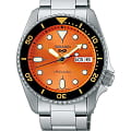 Seiko Seiko 5 Sports SRPK35K1  SRPK35K1 механические мужские часы  оранжевый циферблат, браслет нержавеющая сталь — вид спереди