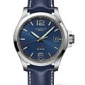 Longines Longines Conquest V.H.P. L3.716.4.96.7  L37164967 кварцевые мужские часы синий циферблат, браслет кожаный — вид спереди
