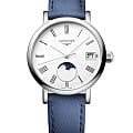 Longines Longines Elegant Collection Moonphase L4.330.4.11.2  L43304112 кварцевые мужские часы  белый циферблат, браслет кожаный — вид спереди